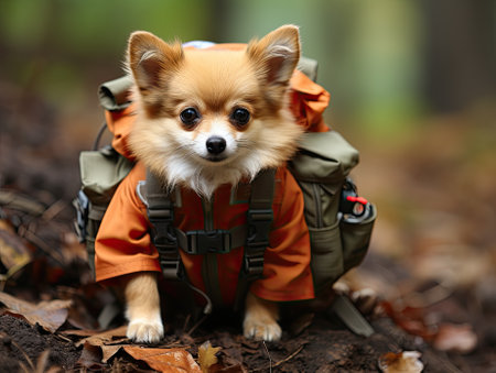 Portrait of furry anthropomorphic chihuahua dog puppy hiking through the forest wearing a backpack. Generative AI.の素材