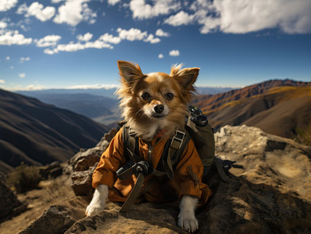 Portrait of furry anthropomorphic chihuahua dog puppy hiking through the Andes mountains wearing a backpack. Generative AI.の素材