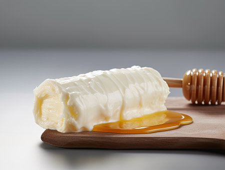 Closeup picture of white cream milky kaymak butter roll poured with honey. Generative AI.の素材