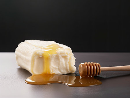 Closeup picture of white cream milky kaymak butter roll poured with honey. Generative AIの素材