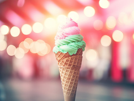 Closeup delicious pink and green duotone scoops ice cream cone with blurred carnival lights in the background. Generative AI.の素材