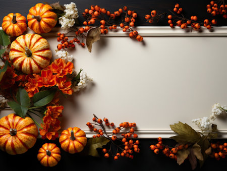 Festive autumn decor with blank white copy space surrounded by pumpkins, autumn leaves, ashberries in corners. Flat lay autumn composition. Thanksgiving banner for text. Generative AI.の素材