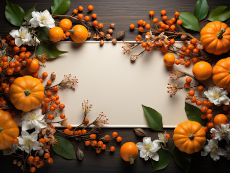 Festive autumn decor with blank white copy space surrounded by white pumpkins, candles, autumn leaves, ashberries in corners. Flat lay autumn composition. Thanksgiving banner for text. Generative AI.の素材