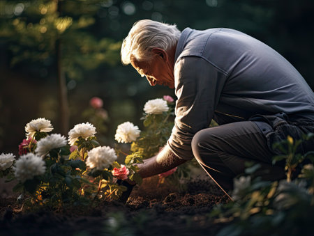 Gray haired old elderly man planting a flower in a garden. Retired senior gentleman gardener doing gardening. Generative AI.の素材