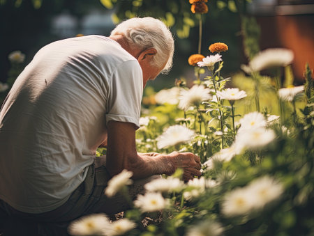 Gray haired old elderly man planting a flower in a garden. Retired senior gentleman gardener doing gardening. Generative AI.の素材