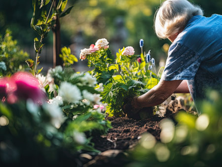 Gray haired old elderly woman planting a flower in a garden. Retired senior lady doing gardening. Generative AI.の素材