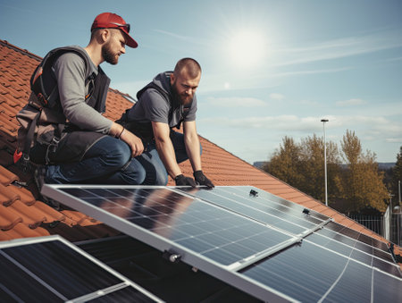 Closeup photo of two electrical technicians engineers in hardhats installing solar power panels on a village house tiled roof. Alternative renewable green energy generation concept. Generative AI.の素材