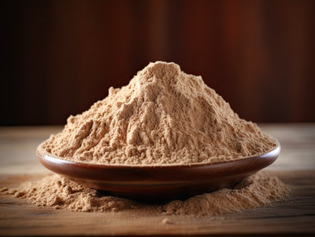 Closeup picture of a bowl with brown psyllium powder flour. Generative AI.の素材