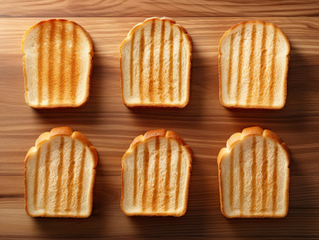 Photo from above of toast bread slices lined up on a table. Generative AI.の素材