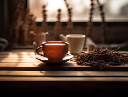 Japanese organic traditional Hojicha tea in a tea cup upclose photo. Generative AI.の素材