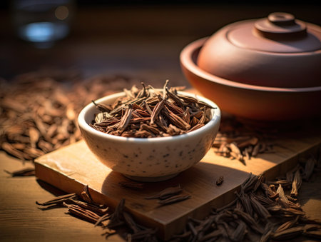 Japanese organic traditional Hojicha tea upclose photo with teaware in the background. Generative AI.の素材