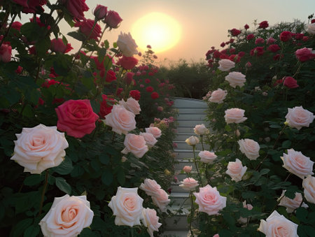 A sea of pink roses on a skyscraper rooftop flower garden at sunset. Urban flower terrace garden escape.の素材
