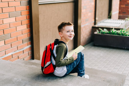 Back to school. Cute child with backpack, holding notepad and training books. School boy pupil with bag. Elementary school student going to classes. Kid sitting on stairs outdoors at brick wall.の写真素材