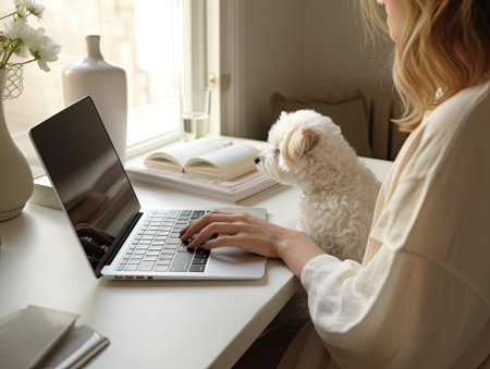 Caucasian woman using laptop typing on keyboard while her white sitting oh her laps knees.の素材