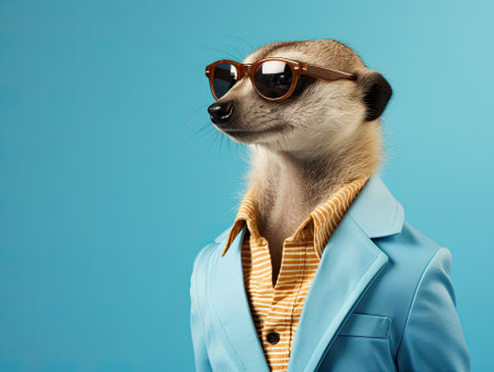 Portrait of a cute posing stylish meerkat in vibrant business suit wearing sunglasses, light blue background.の素材