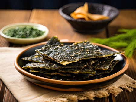 Delicious natural organic seaweed nori snack chips, roasted seasoned crispy sheets of seaweedの素材