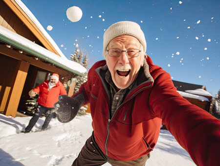 Joyful elderly man in a red jacket takes a selfie while playfully throwing a snowball. Another man in a Santa hat is in the background in a snowy setting.の素材