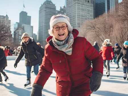 A group of cheerful senior multi-ethnic friends men and women enjoy ice skating in a city park rink with skyscrapers in the background.の素材