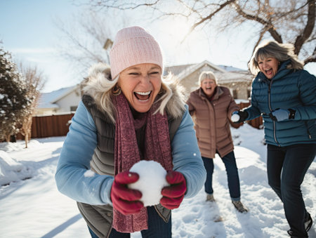 Exuberant senior women having fun in a snowball fight, laughing and enjoying a bright winter day together outdoors with snow aroundの素材