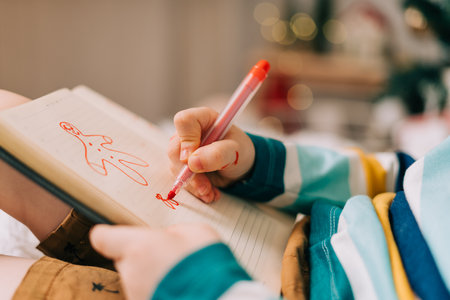 Kid boy in red Santa hat writing the letter and drawing to dear Santa at home. Child wish list. Dreams of a Christmas gifts. Merry Christmas and Happy new yearの写真素材