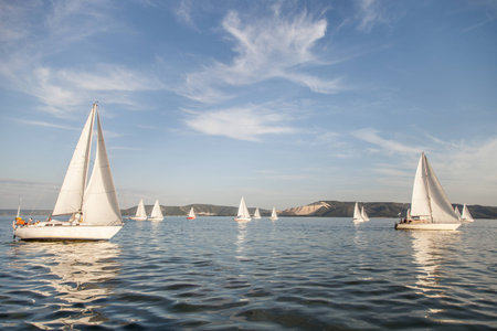 White sailing yacht before starting regattaの写真素材