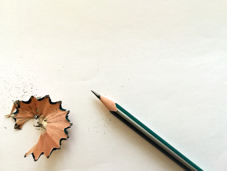 Pencil with shavings from pencil on white background closeupの写真素材