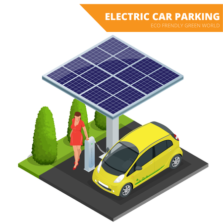 Isometric Electric car parking, electronic car. Ecological concept. Eco friendly green world.のイラスト素材