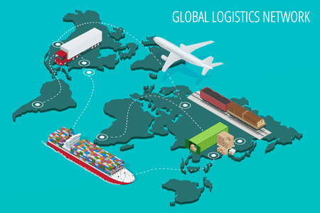 Global logistics network Flat isometric vector illustration  Vehicles designed to carry large numbers of China cargoのイラスト素材