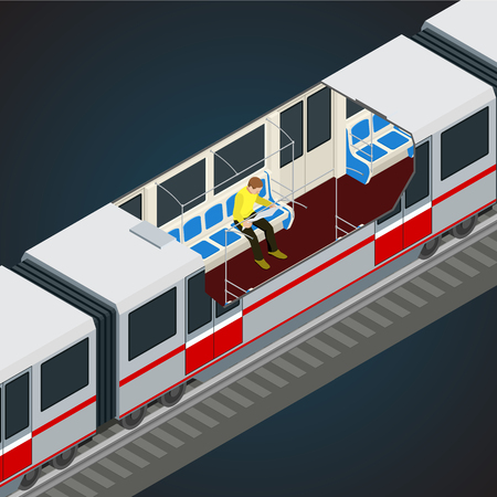 Interior view of a subway car. Train, Subway. Transport. Vehicles designed to carry large numbers of passengers.  Flat  vector isometric illustration of a subway train.のイラスト素材