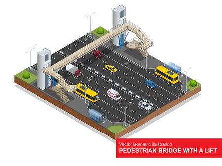 Isometric pedestrian bridge with a lift over the highway.のイラスト素材