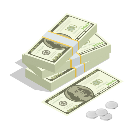 Hundreds of dollars. Stacked pile of cash. Stack of US Dollars on white background. Flat 3d isometric vector illustrationのイラスト素材