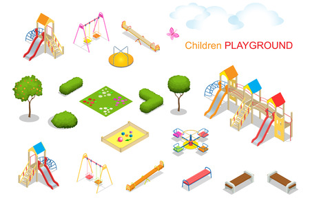 Children playground. Flat 3d isometric vector illustration for infographics. Swing carousel sandpit  slide rocker  rope ladder benchのイラスト素材