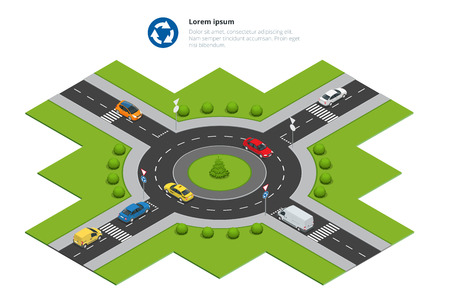 Roundabout, cars, roundabout sign and roundabout road. Asphalted Road Circle. Vector isometric illustration for infographics. City trafficのイラスト素材