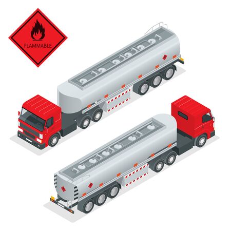 Fuel gas tanker truck isometric illustration. Truck with fuel 3d vector. Automotive fuel tanker shipping fuel. Oil Truck isometric vector.のイラスト素材