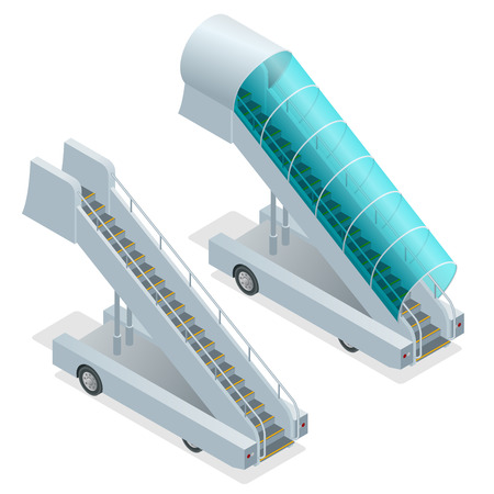 Two ramps on the airfield. Movable ramp isolated illustration. Movable ramp Vector. Movable ramp Icon EPS. Boarding white ramp. Movable ramp 3d isometric picture. Ladder ramp is waiting for airplaneのイラスト素材
