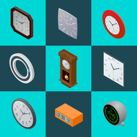 Set of elegant clocks. Pendulum clock, modern clock, Digital clock. clock Flat 3d Vector illustrationのイラスト素材