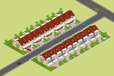 Modern townhouse flat 3d isometric vector illustration. A row of new townhous. Exterior townhouse. Villa view with garden. Townhouse illustration. Townhouse icon. Villa iconのイラスト素材