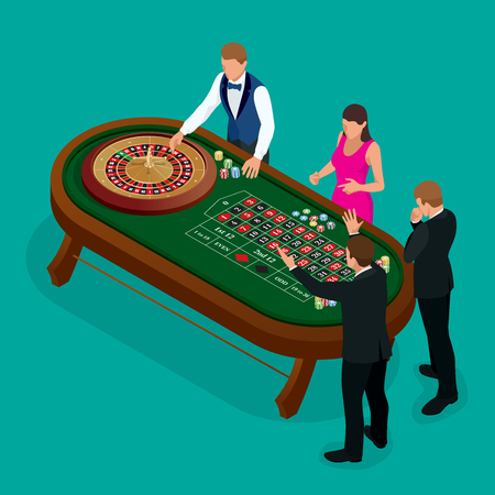 Roulette wheel and croupier in casino. Group of young people behind roulette table in a casino. Casino concept. Flat 3d vector isometric illustrationのイラスト素材
