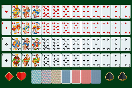 Poker cards full set. Flat design. Poker set with isolated cards on green background.のイラスト素材