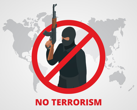 No terrorism. Stop terror sign anti terrorism campaign badge on world map. Flat 3d illustrationのイラスト素材