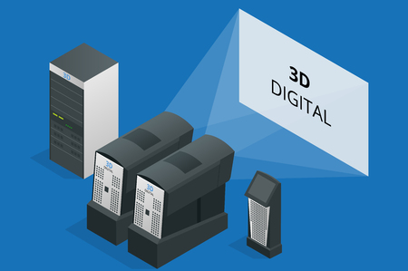 Modern projector in cinema. Cinematographic equipment. 3d digital. Flat 3d isometric vector illustration. 3d digital projectorのイラスト素材
