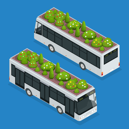 Green roofs on bus. Eco roof on bus. Flat 3d vector isometric illustration of eco roofのイラスト素材