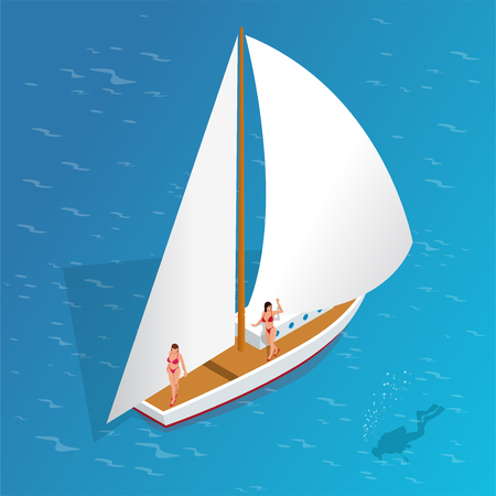 Luxury vacation on a yacht in the sea. Romantic vacation and luxury travel. Sailing the sea. Human scuba diver swimming under water. Flat 3d vector isometric illustrationのイラスト素材
