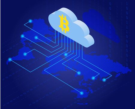 Bitcoin in cloud. Bitcoin mining isometric flat vector concept. Cloud technology. Virtual money. Flat 3d isometry isometric online mining bitcoin concept. Network conceptのイラスト素材