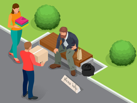 Caring for homeless. Help Homeless. Dirty homeless man holding sign asking for help. Flat 3d isometric vector illustration. Social problem concept. Volunteers design conceptのイラスト素材