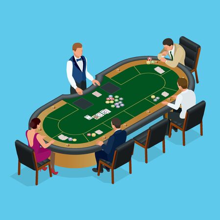 People playing poker in the casino, gambling. Isometric vector Group of young people playing poker in a casino vector illustrationのイラスト素材