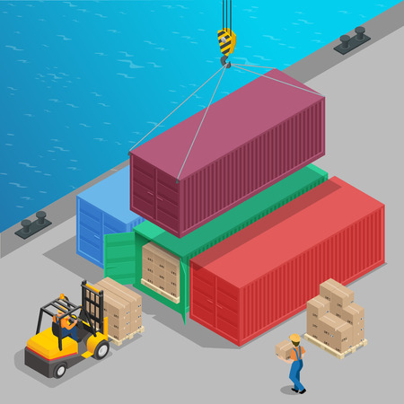Crane lifts a big container with cargo isometric. Global logistics. Freight transportation 3d concept. Cargo loading operation. Shipment. Delivery flat 3d isometric illustrationのイラスト素材