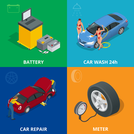 Auto mechanic design concept set with car repair service, auto service computer car diagnostic. flat icons isolated vector illustration.のイラスト素材
