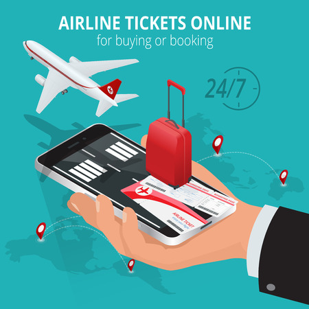 Airline tickets online. Buying or booking Airline tickets. Travel, business flights worldwide. Online app for tickets order. Internation  flights. Flat 3d isometric vector illustrationのイラスト素材
