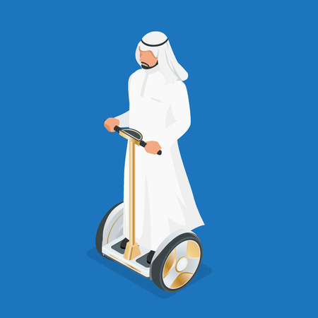 Arabic man on self-balancing electric scooter. 3d flat isometric vector illustration. Electric scooters, self balancing electric skateboards, electric monociclesのイラスト素材